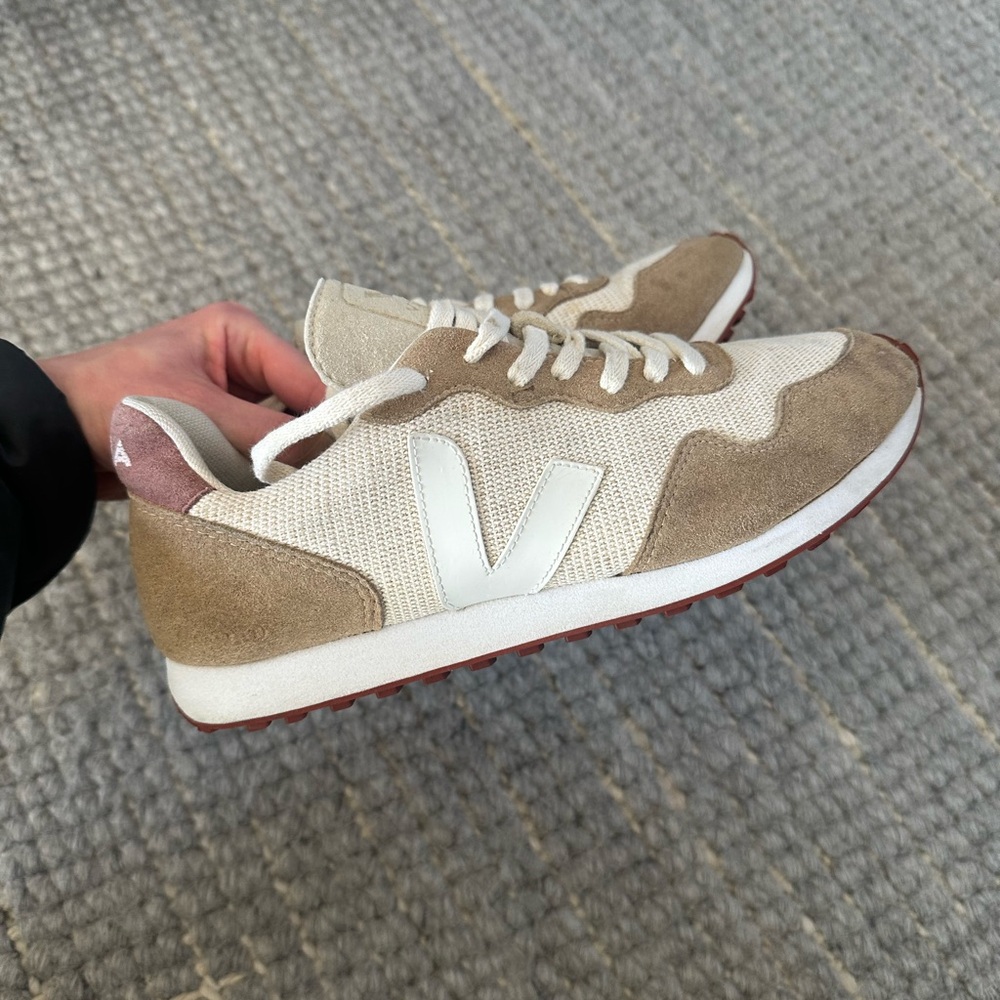 Veja Beige Suede & Canvas Sneakers with White V Logo
